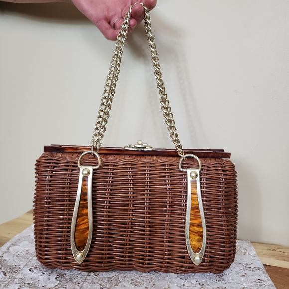 VTG 1960's Brown Woven Wicker Purse with Lucite Accent Bag Chain Handle Boho - Picture 10 of 11